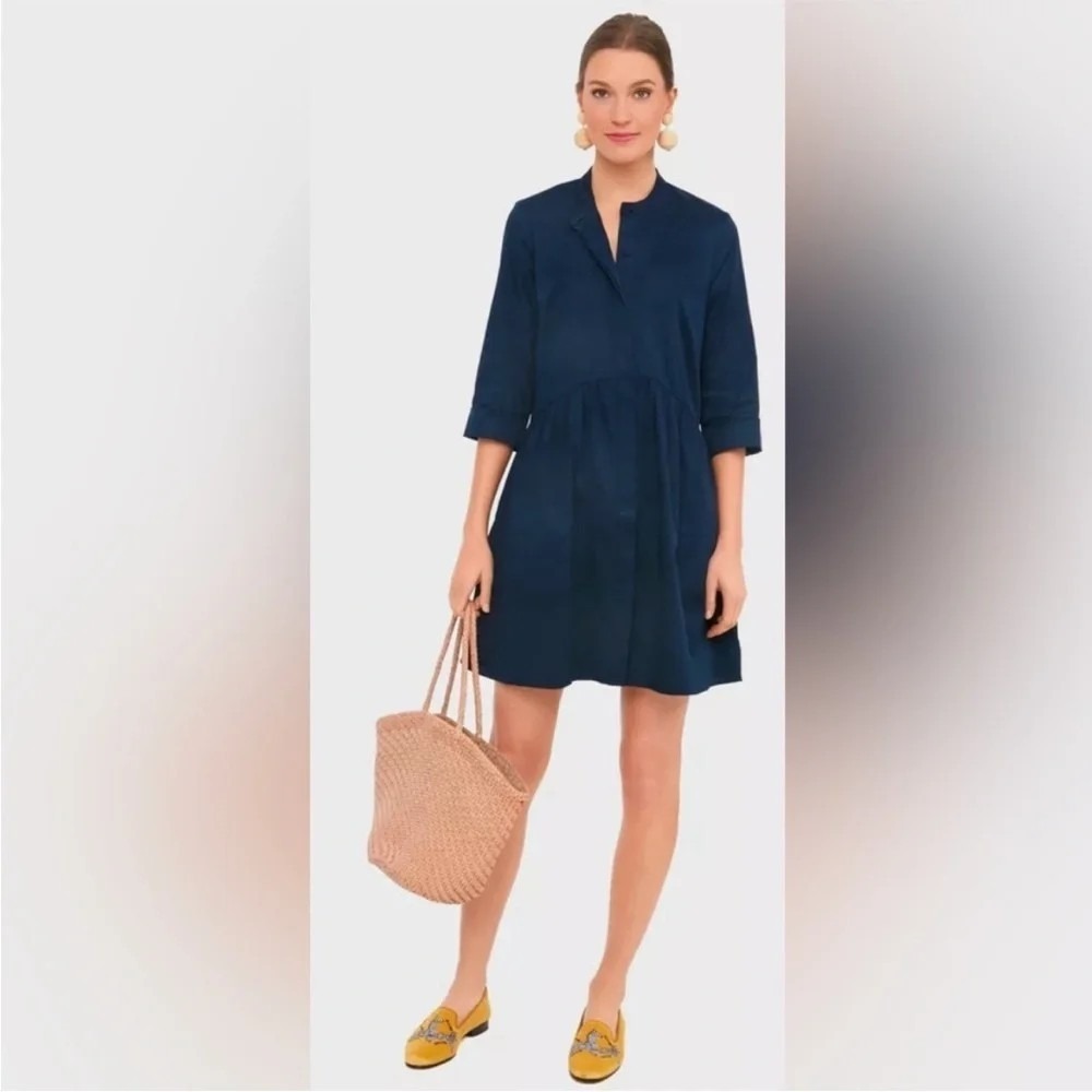 Tuckernuck Mini Blue 100% Cotton Poplin 3/4 Sleeve Shirt Dress Pocket R20620T XS